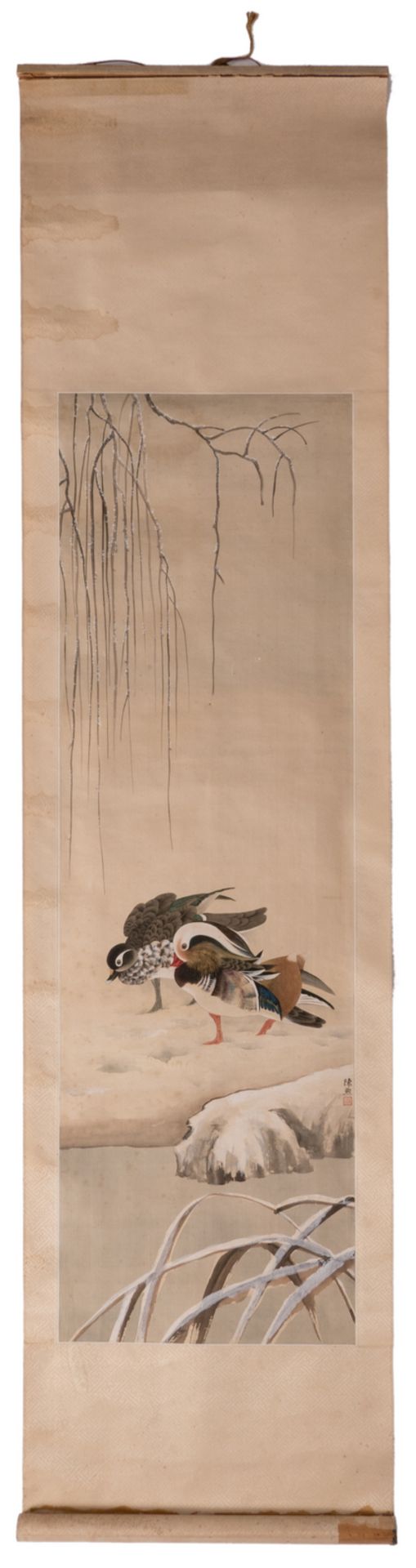 A Chinese watercolour on textile depicting two ducks in a winter landscape, marked Chen Meihu (by