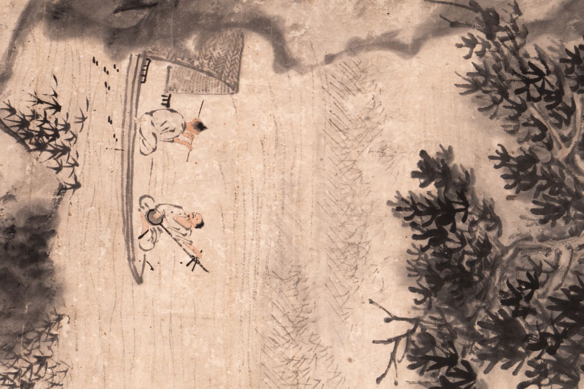 Two Chinese scrolls: one depicting music making men on a sampan, 27 x 58,5 - 38 x 152,7 cm (with - Bild 4 aus 11