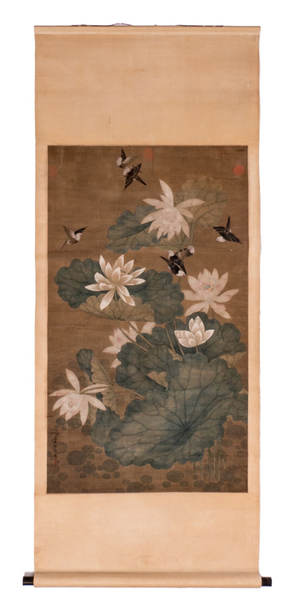 A Chinese scroll, watercolour on textile, depicting birds and water lilies, signed, 18thC, 61 x