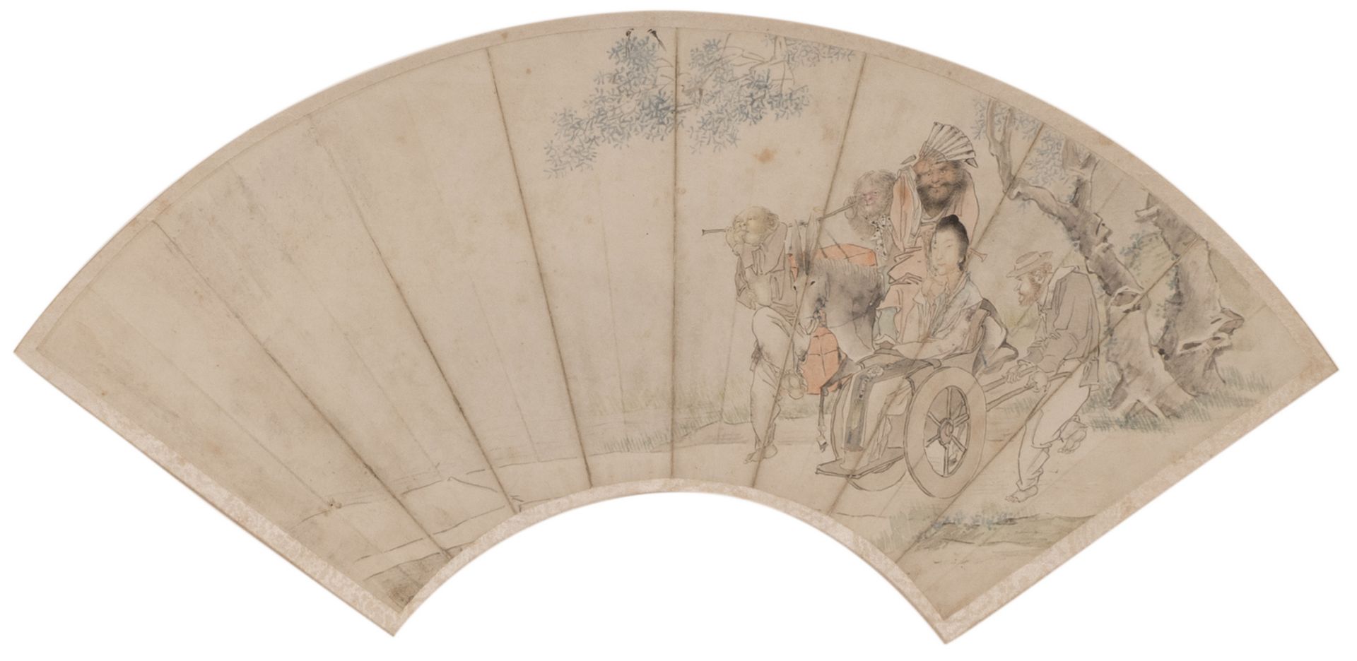 A Chinese fan shaped watercolour depicting a travelling courtesan accompanied by her Western