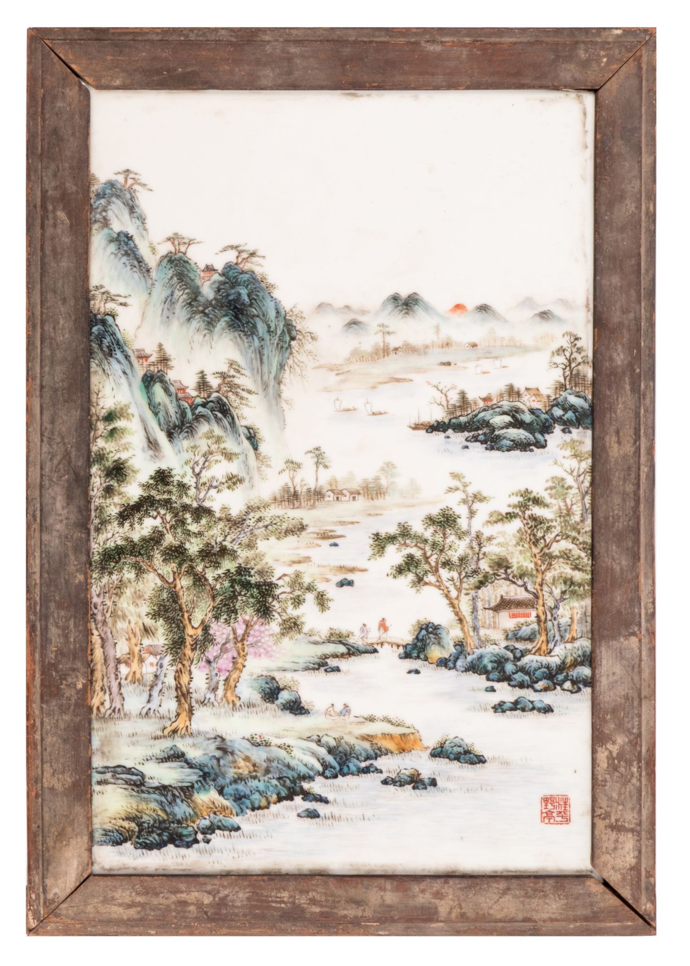 A Chinese polychrome porcelain plaque, decorated with figures in a mountainous river landscape, - Bild 2 aus 5