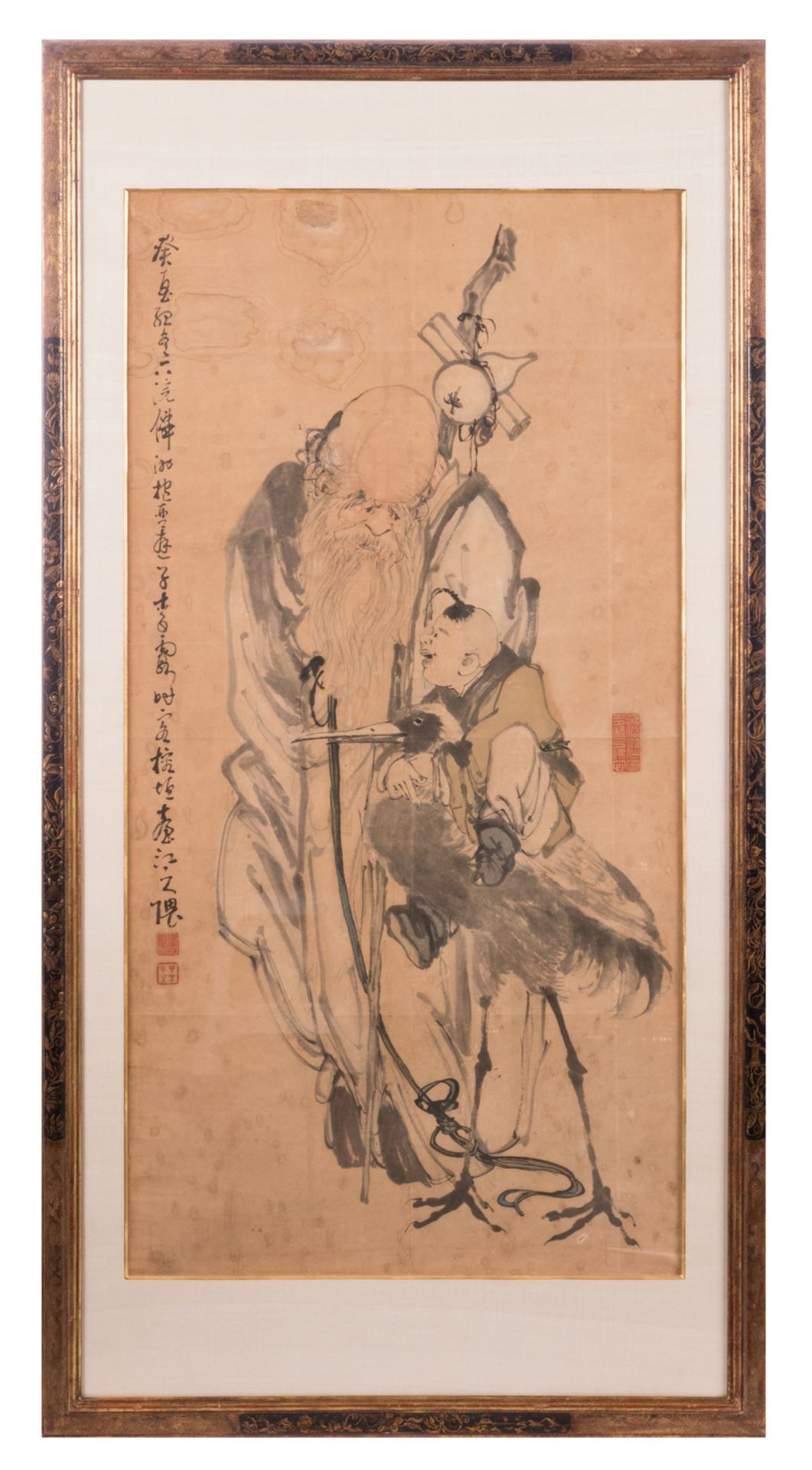 A Chinese scroll, framed, depicting Shou Xing, the God of longevity, accompanied by a child and a - Bild 2 aus 7