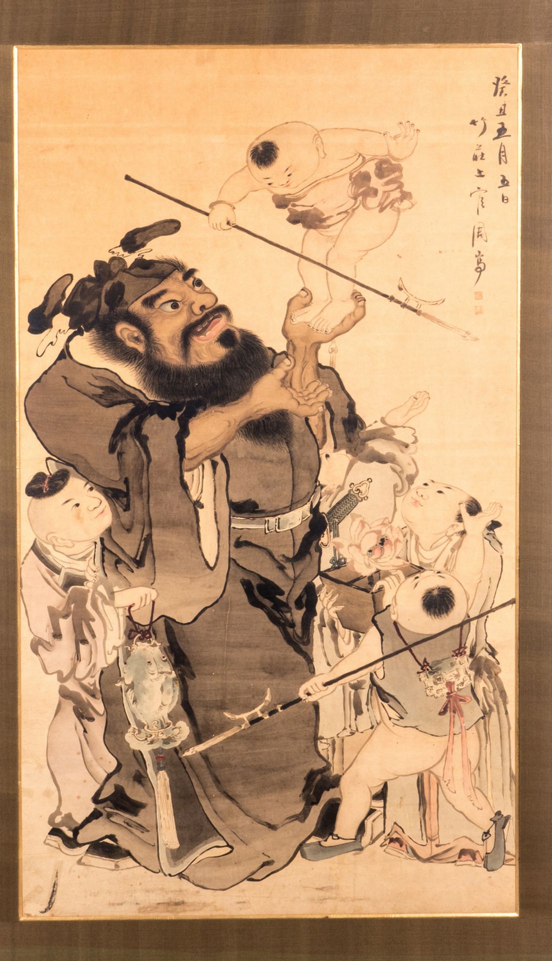 A fine Chinese watercolour depicting an animated scene, signed "Shangguang Zhou", 78 x 136 cm - Bild 2 aus 4