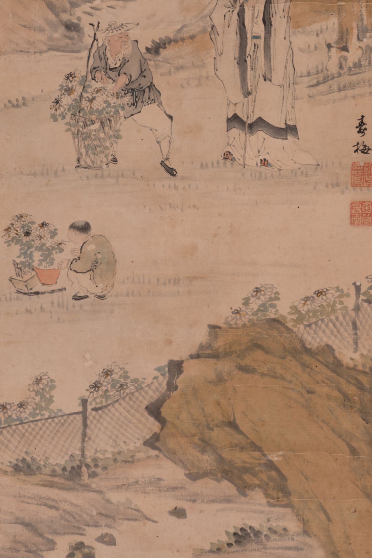 Two Chinese scrolls: one depicting music making men on a sampan, 27 x 58,5 - 38 x 152,7 cm (with - Bild 10 aus 11