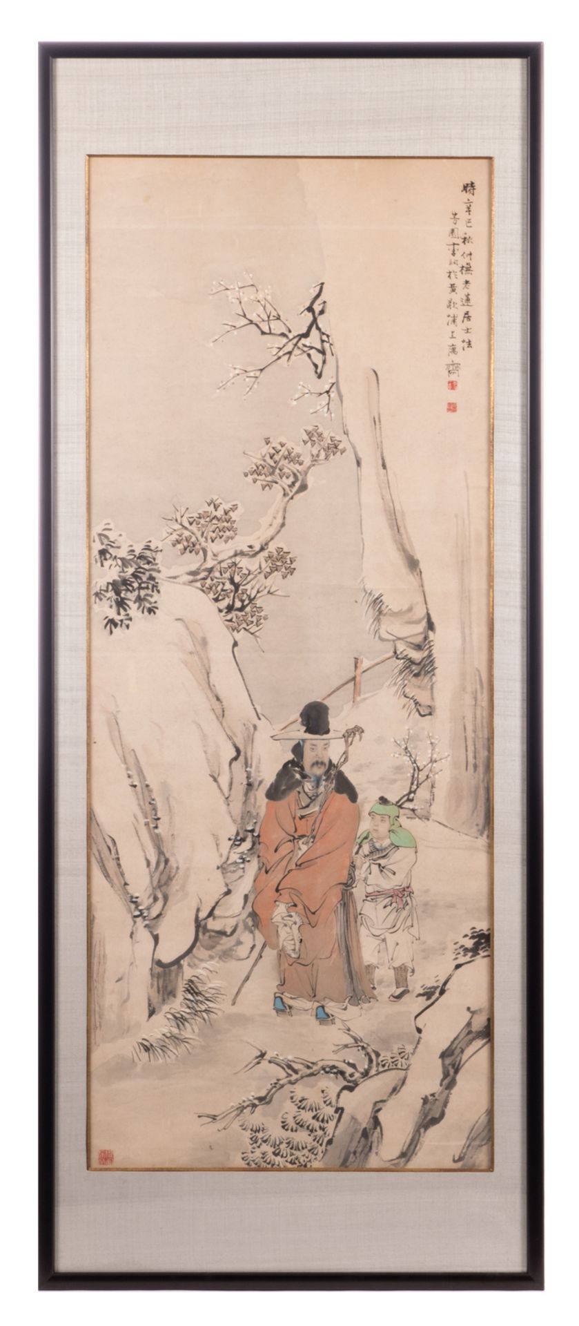 A Chinese scroll, framed, depicting a sage and his pupil in a mountainous landscape, signed Li Nuen, - Bild 2 aus 7