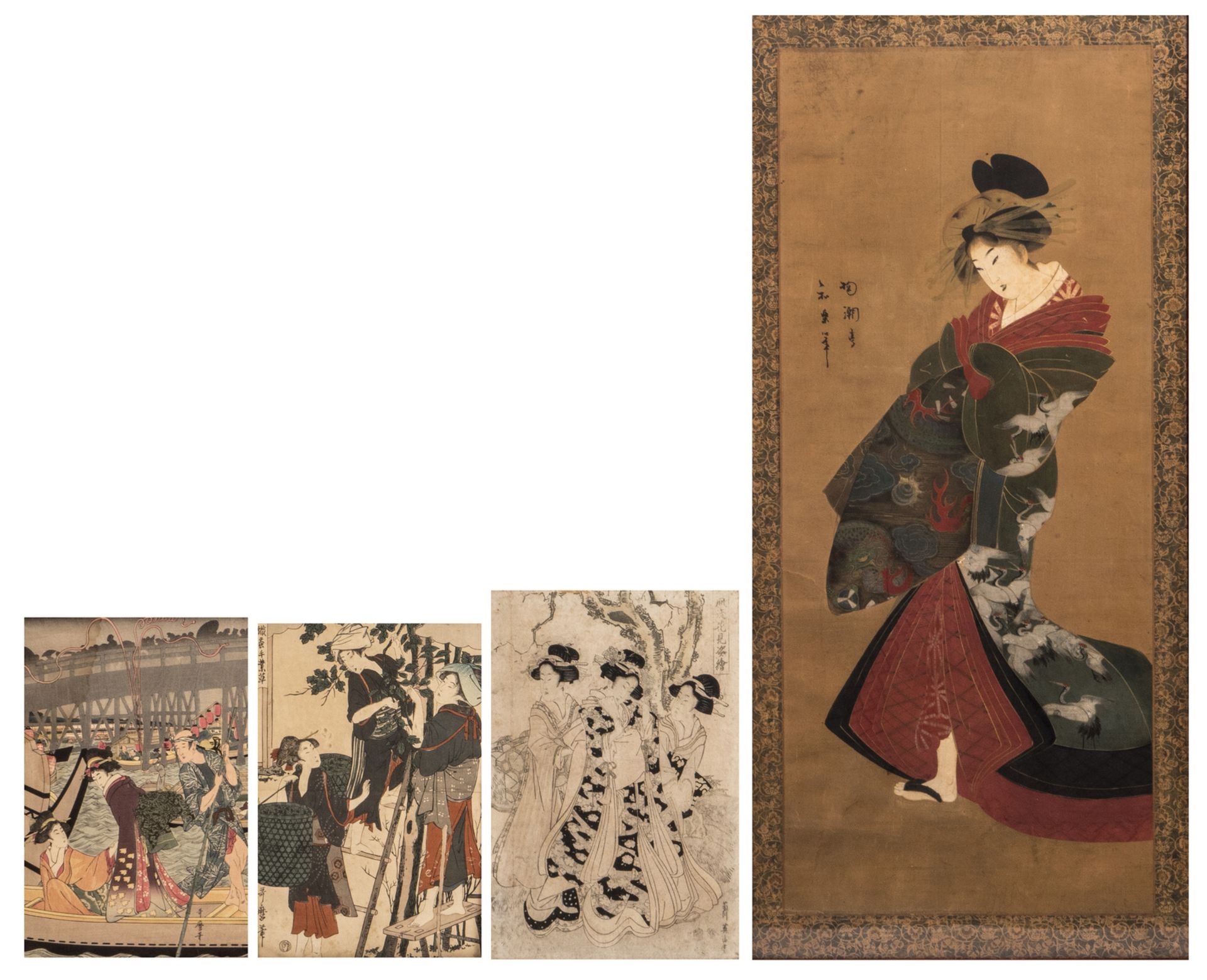 A lot of five Japanese ukiyo-é depicting scenes out of daily life of the courtesans and scenes of