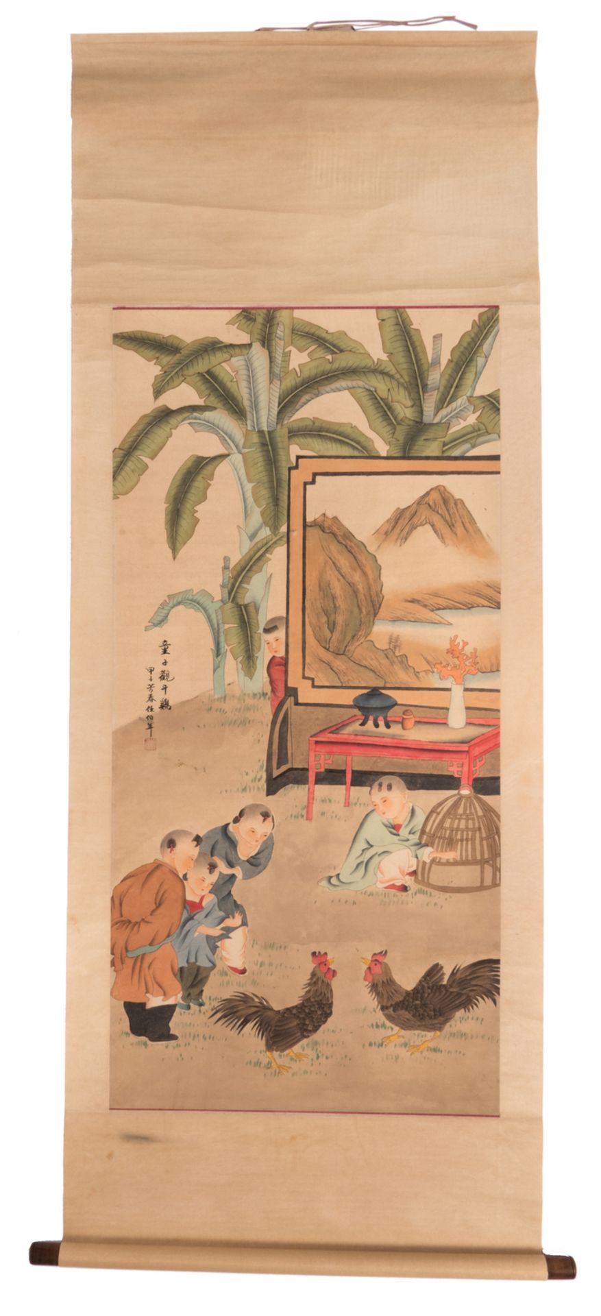 A Chinese scroll depicting children watching a cock fight, 63,2 x 131,2 - 76,8 x 202,2 cm (with - Bild 3 aus 10