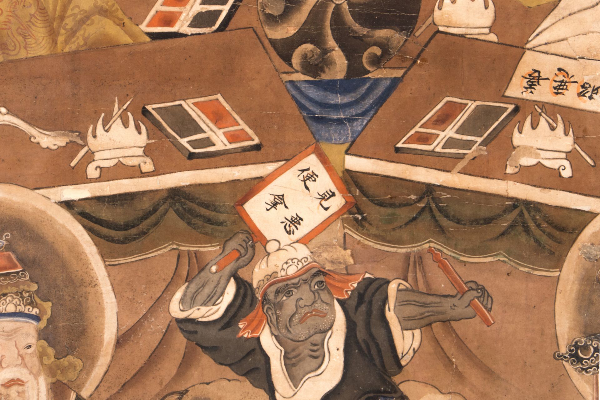 A Chinese scroll, framed, silk mount, depicting the Ten Kings of Hell, ink and colour on paper, - Bild 4 aus 7