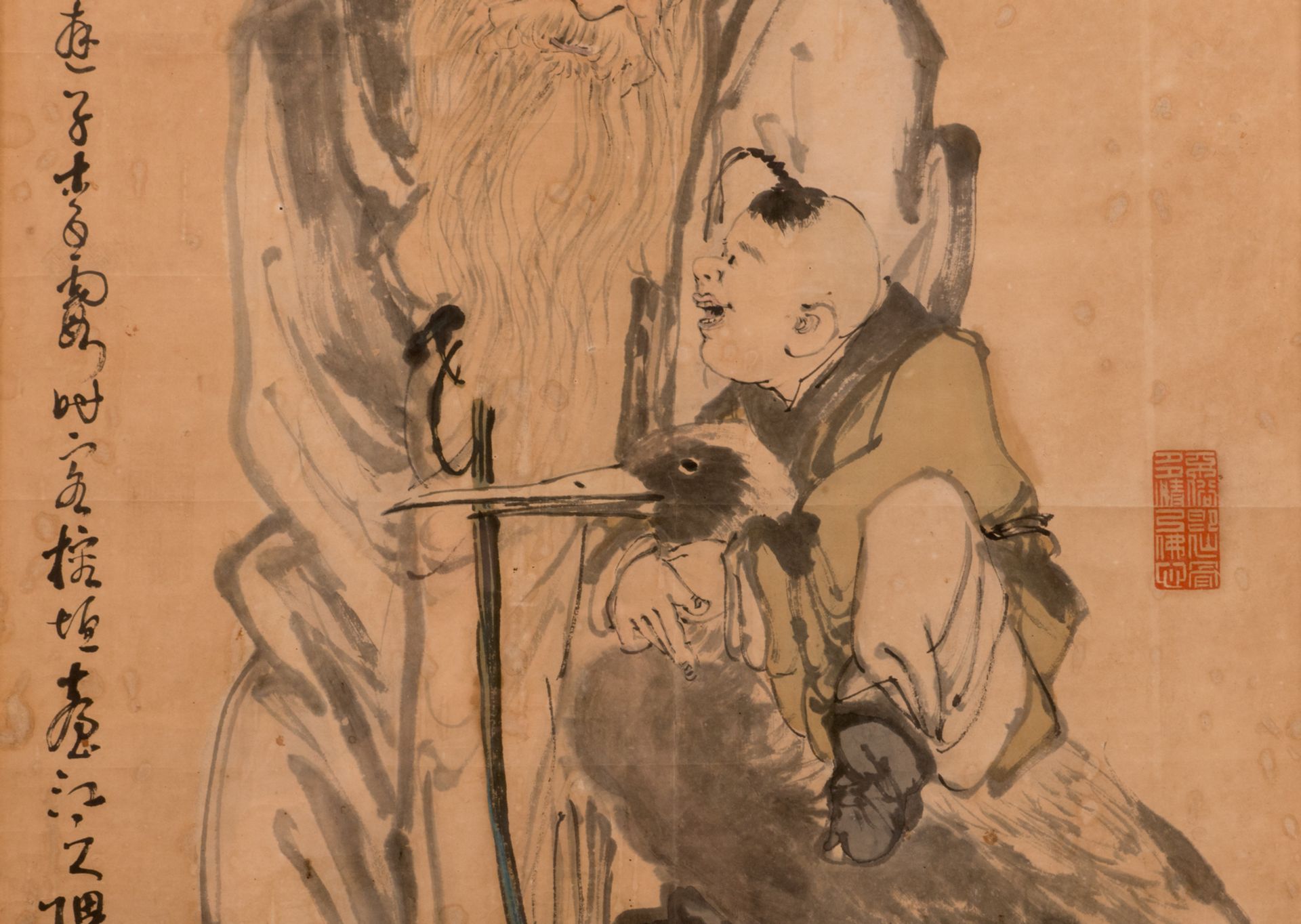 A Chinese scroll, framed, depicting Shou Xing, the God of longevity, accompanied by a child and a - Bild 4 aus 7