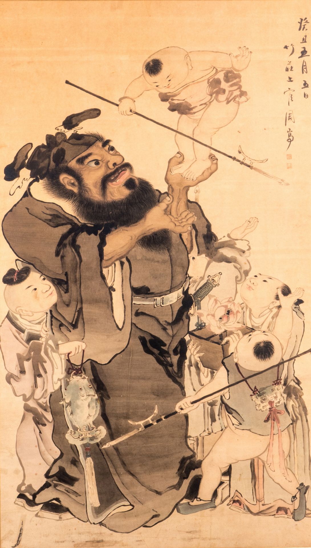A fine Chinese watercolour depicting an animated scene, signed "Shangguang Zhou", 78 x 136 cm