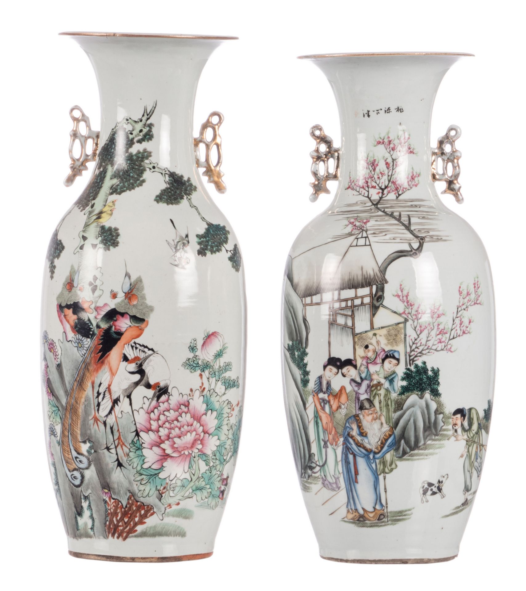 Two Chinese famille rose vases, one vase decorated with an animated scene and calligraphic texts and