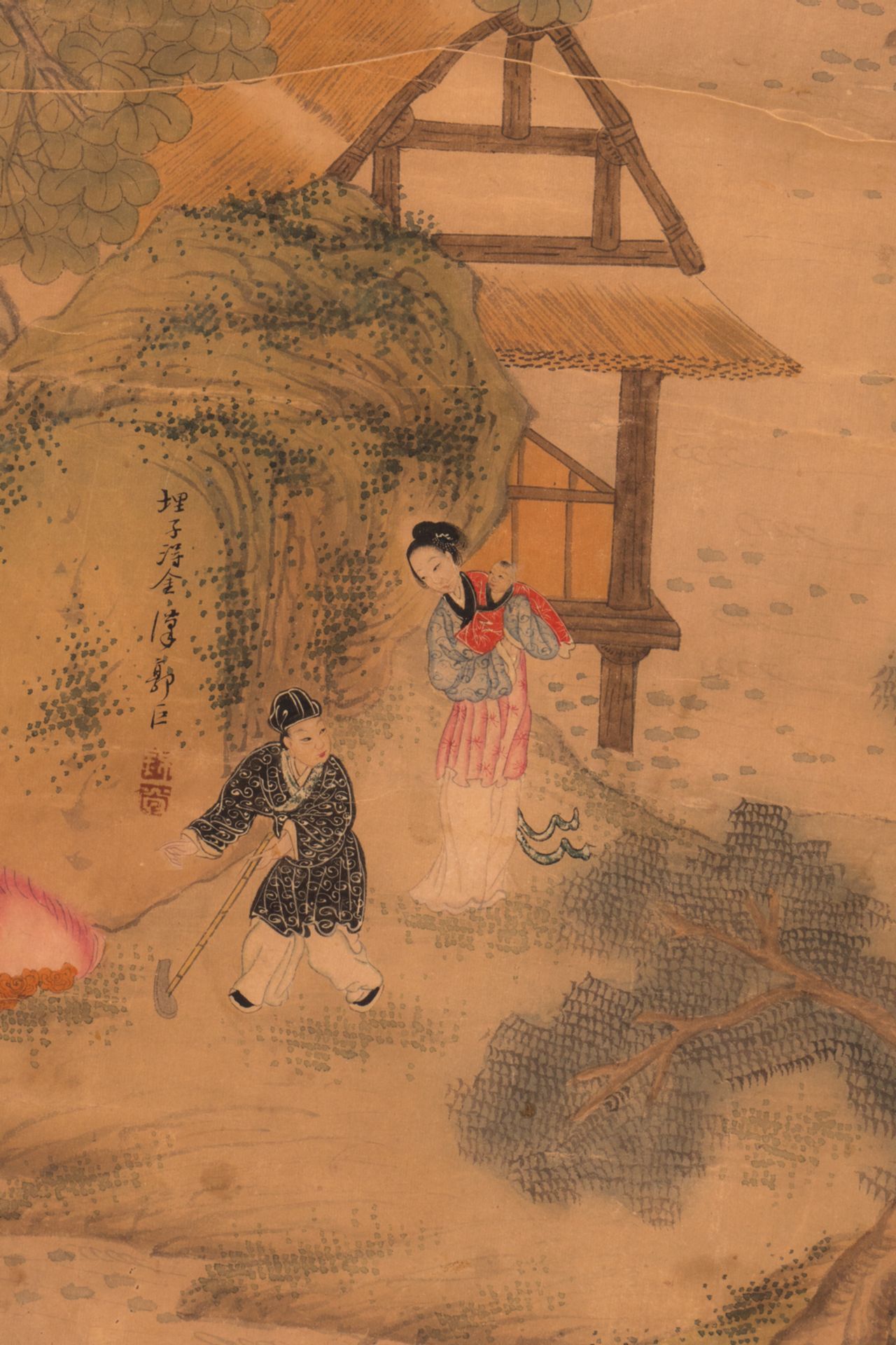 A Chinese scroll depicting animated scenes in a landscape, 19thC, 30,6 x 120 - 39,2 x 166 cm (with - Bild 5 aus 10