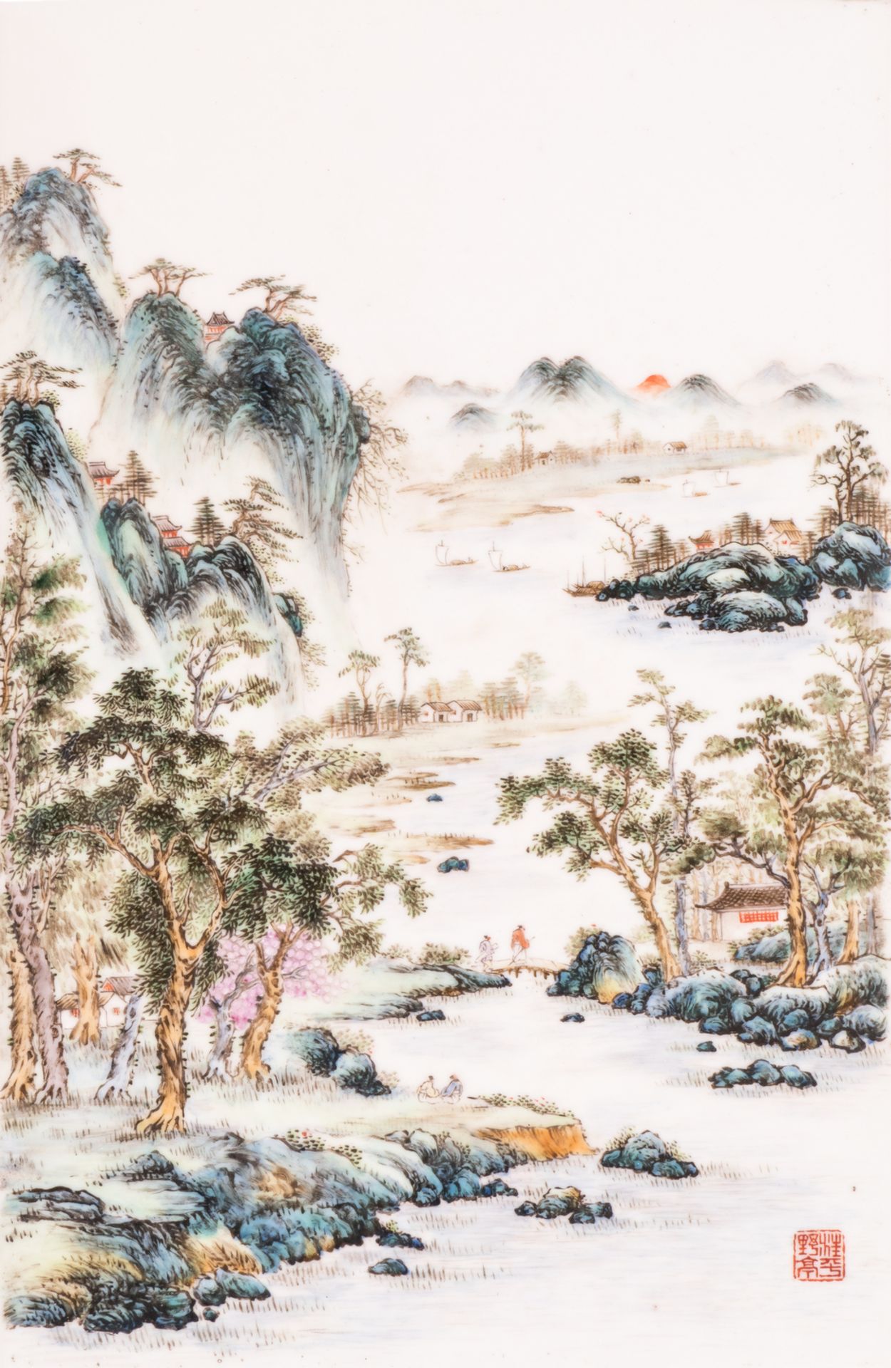 A Chinese polychrome porcelain plaque, decorated with figures in a mountainous river landscape,