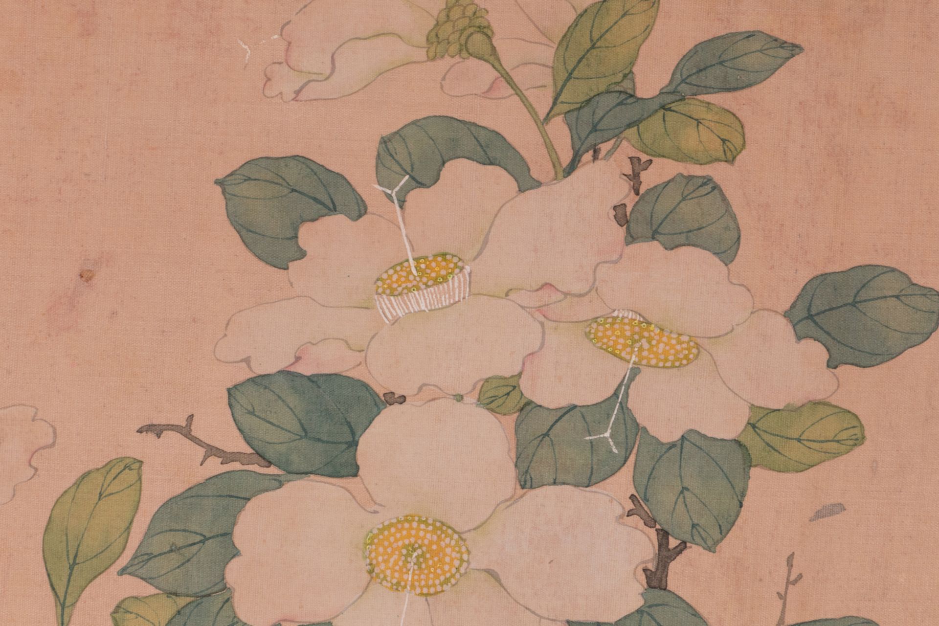 A Chinese watercolour on textile depicting flowers growing on a rock formation, 19thC, Ø 24,8 cm; - Bild 4 aus 12