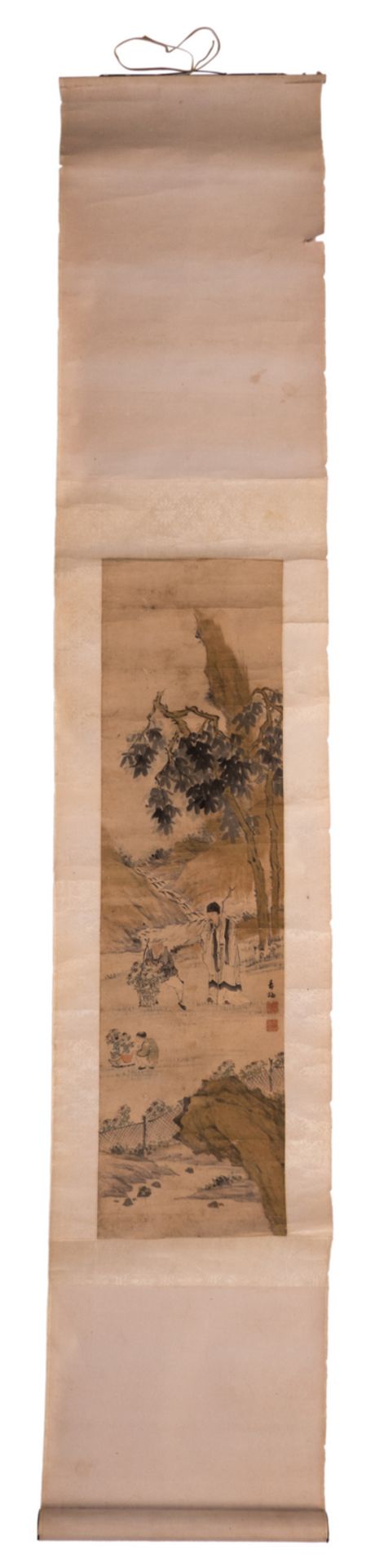 Two Chinese scrolls: one depicting music making men on a sampan, 27 x 58,5 - 38 x 152,7 cm (with - Bild 3 aus 11