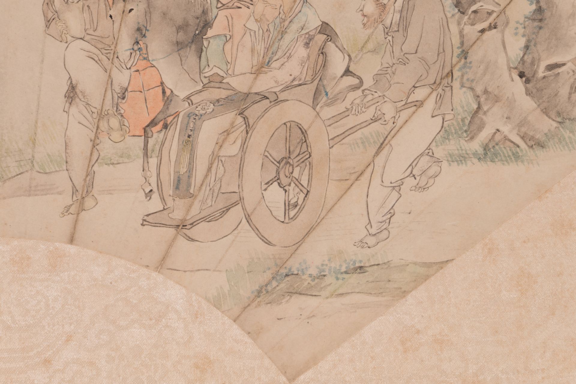 A Chinese fan shaped watercolour depicting a travelling courtesan accompanied by her Western - Bild 4 aus 7