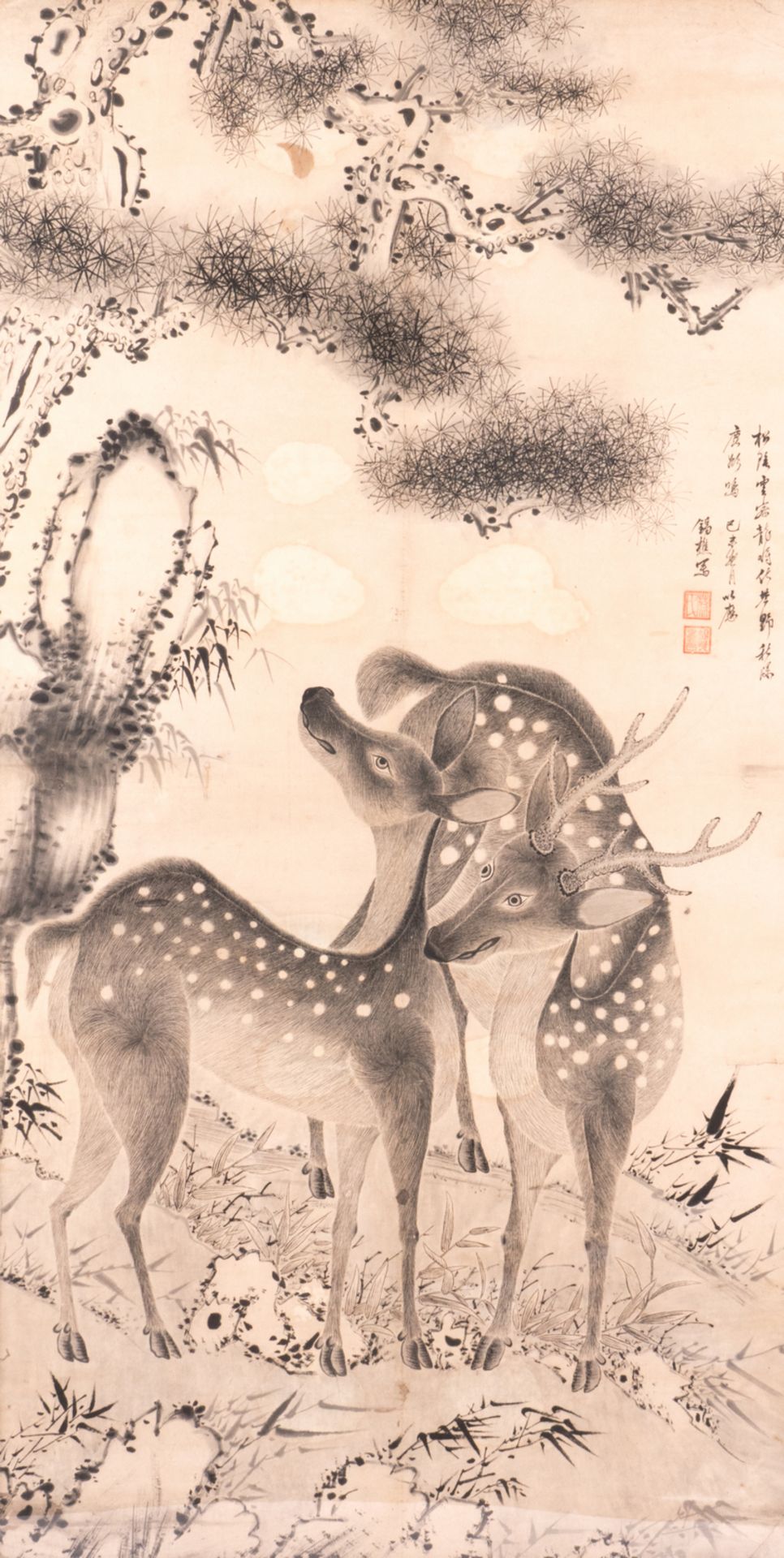 A Chinese scroll, framed, depicting two deer in a landscape, with text and seal mark, signed Ts'ai