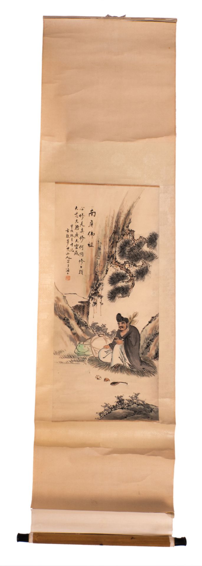 A Chinese scroll depicting children watching a cock fight, 63,2 x 131,2 - 76,8 x 202,2 cm (with - Bild 2 aus 10