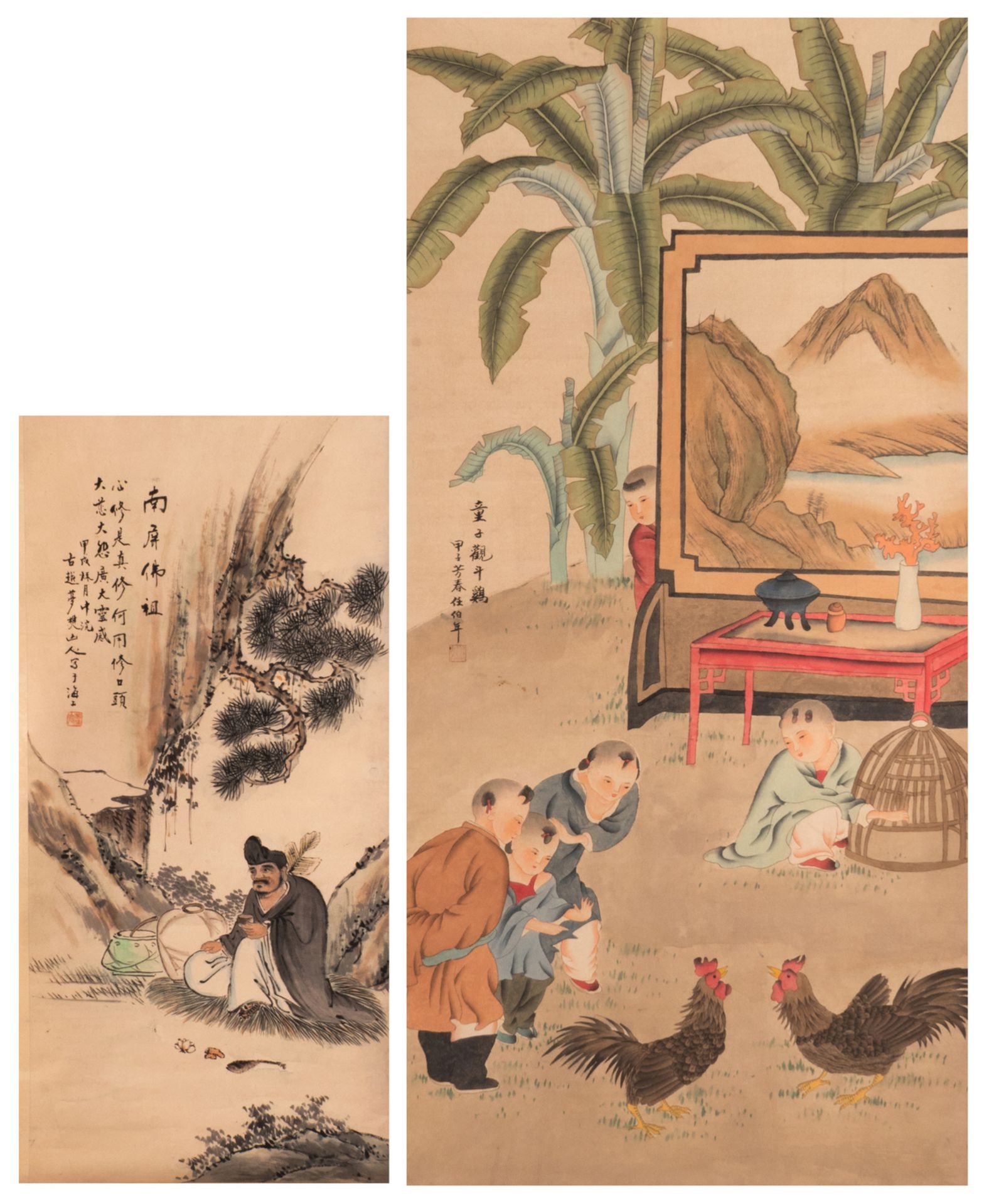 A Chinese scroll depicting children watching a cock fight, 63,2 x 131,2 - 76,8 x 202,2 cm (with