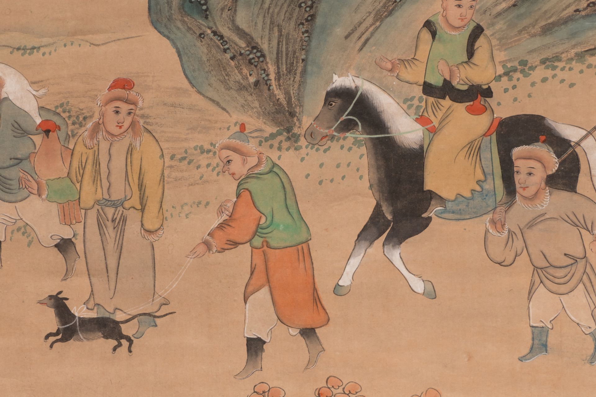 A Chinese scroll depicting Mongolian riders and travellers in a mountainous landscape, 19thC, the - Bild 5 aus 15