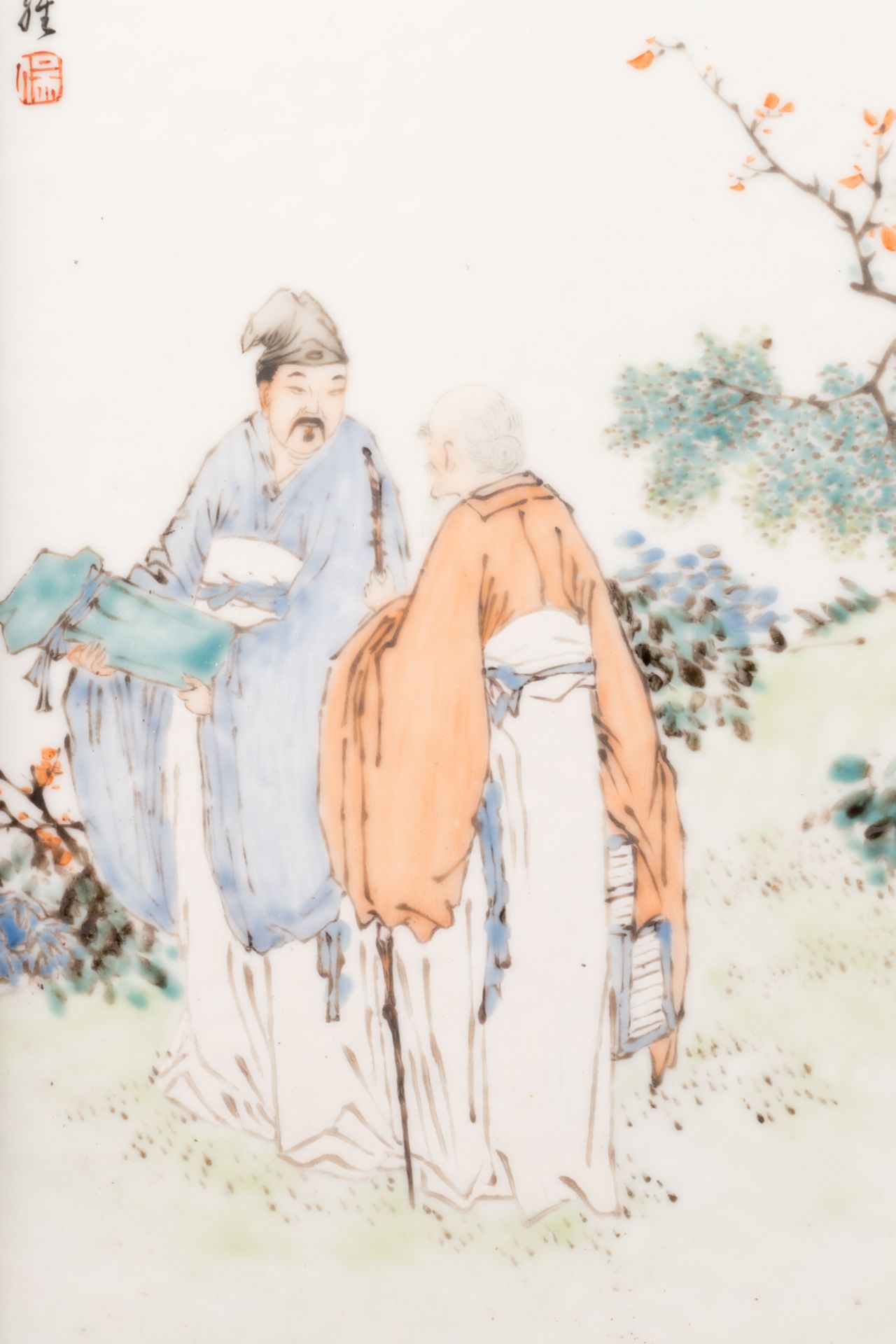 A Chinese polychrome decorated plaque with two figures in a landscape, with calligraphic texts, - Bild 4 aus 4