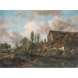 Unsigned, cows and shepherds in a rural landscape, oil on panel, 19thC, 55 x 73 cm