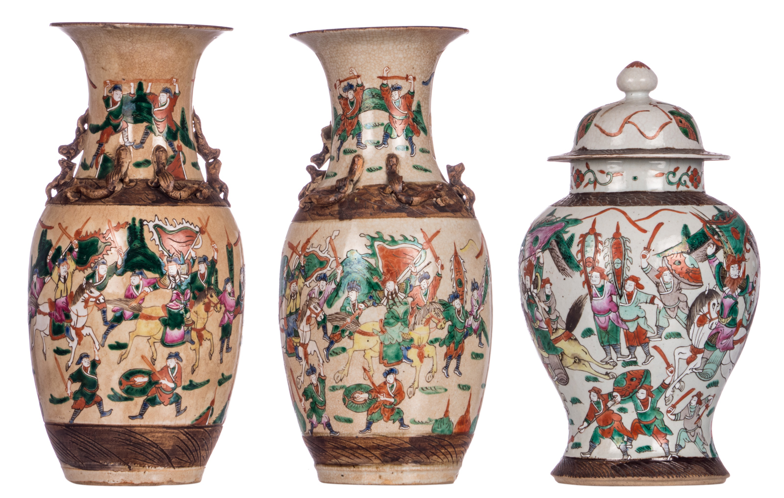 Two Chinese famille rose stoneware vases, overall decorated with warriors, marked; added a ditto