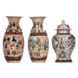 Two Chinese famille rose stoneware vases, overall decorated with warriors, marked; added a ditto