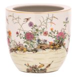 A Chinese famille rose overall decorated jardiniere with geese, rocks and flower branches in a