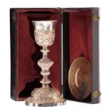 A French silver and gold plated chalice, 925/000, maker's mark Letmonnier, the chalice decorated