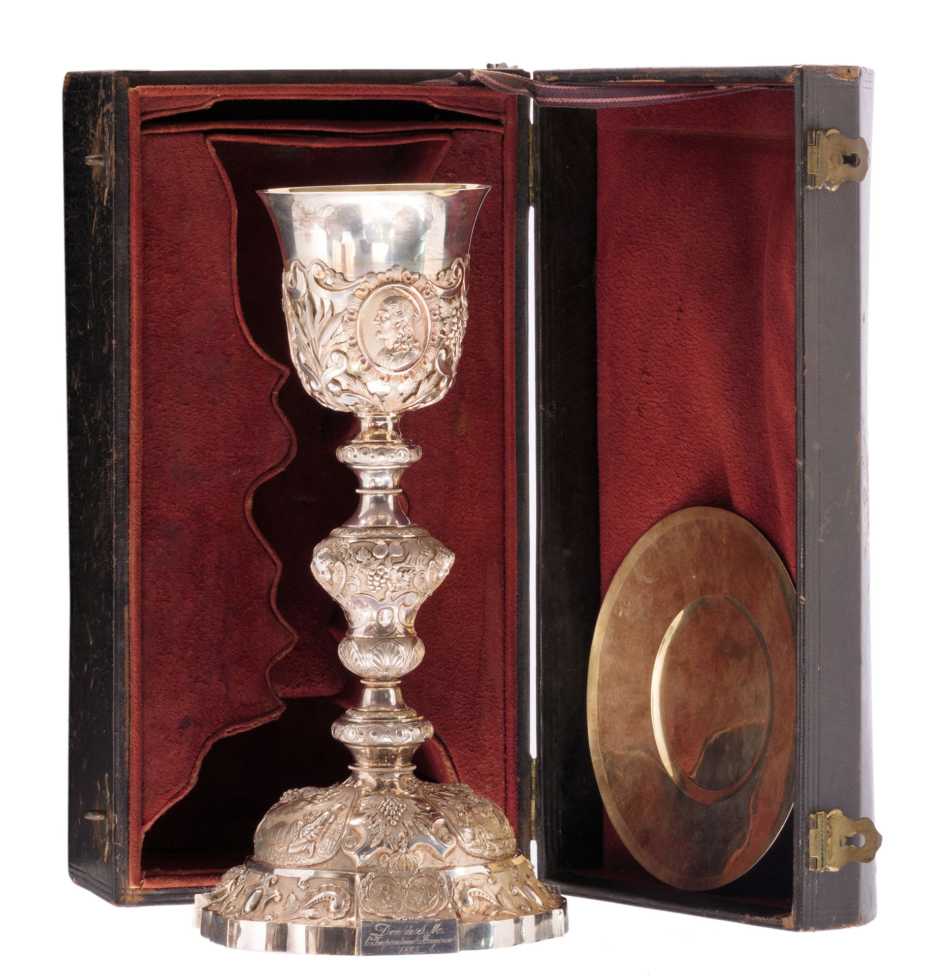 A French silver and gold plated chalice, 925/000, maker's mark Letmonnier, the chalice decorated