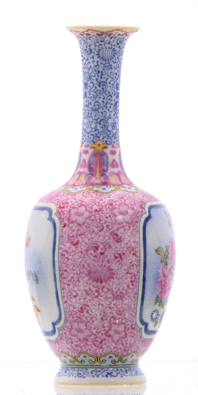 A Chinese famille rose miniature bottle vase, floral decorated, the roundels with a rock, a - Bild 2 aus 6