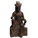 A Chinese polychrome lacquered brass cast seated Guanyin, about 1900, H 100 - W 58 cm