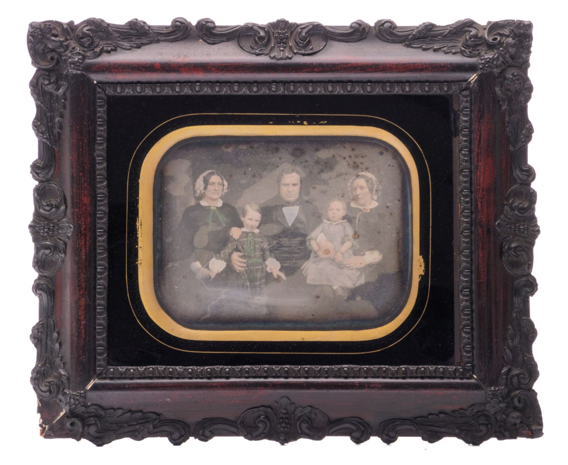 A family portrait, a hand colored Daguerreotype in the original Glomi frame, 19 x 25 cm