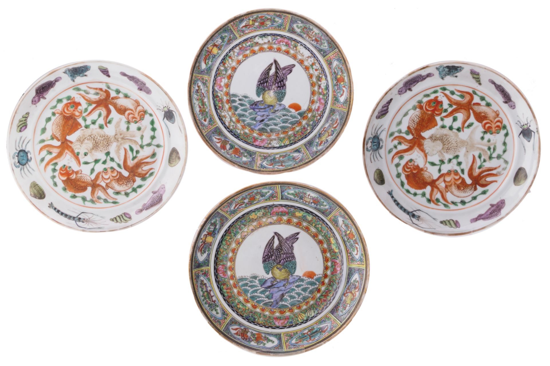 Two pairs of Chinese polychrome decorated dishes, one pair with various fresh-water animals and