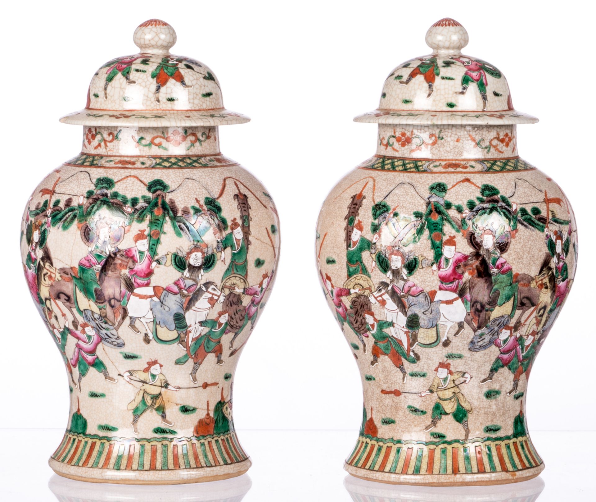 A pair of Chinese stoneware vases and covers, overall polychrome decorated with warrior scenes, - Image 2 of 19
