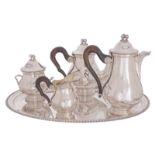 A five-part silver plated coffee and tea set with ebony handle, H 12,5 - 26 cm