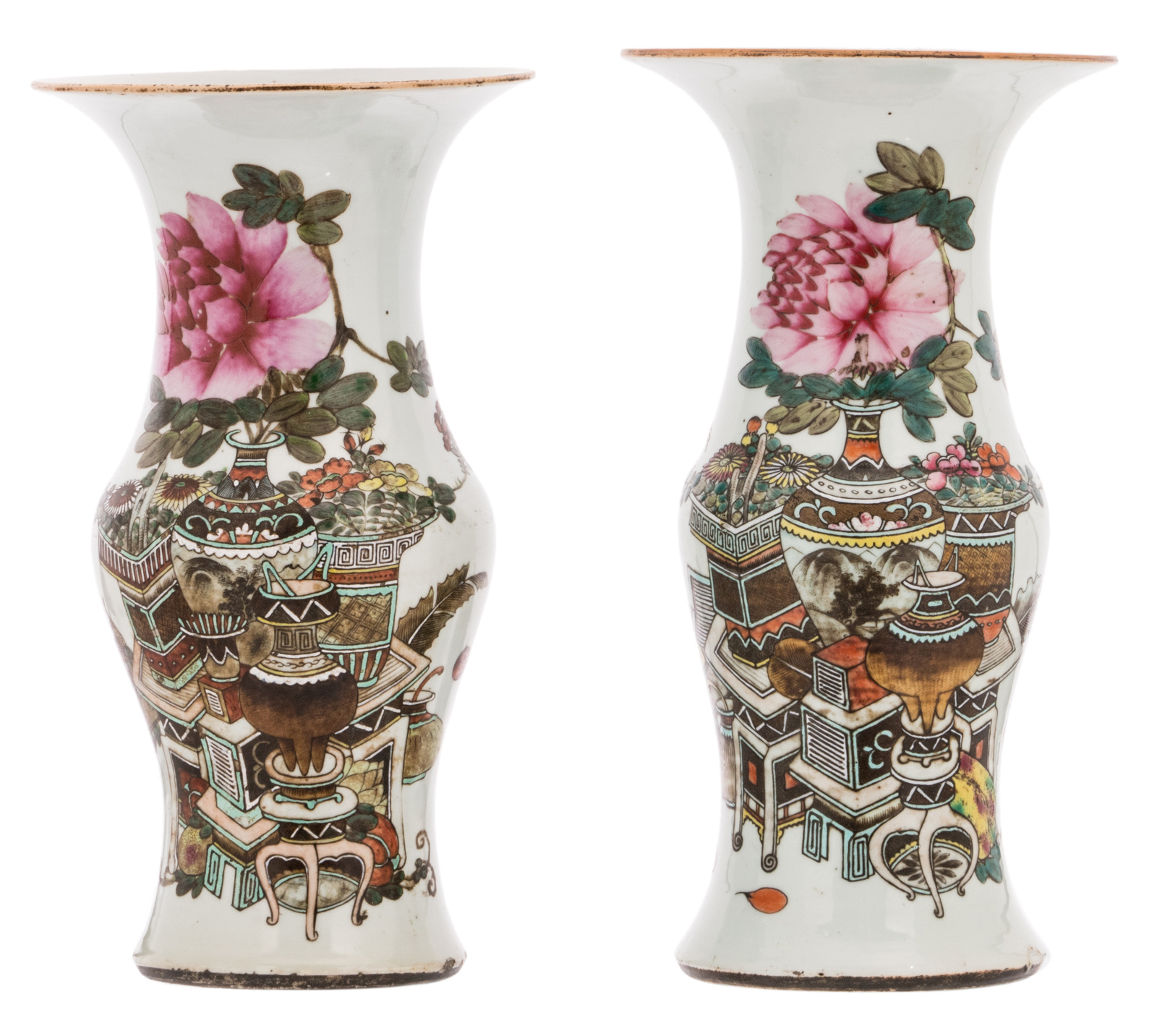 Two Chinese famille rose yenyen vases, decorated with antiquities, flower branches and