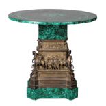 A malachite table, the pedestal decorated with a depiction of various confidants of King Frederick