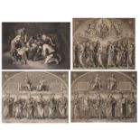 Three engravings by Francesco Cecchini Romano depicting philosophers, world leaders, religious