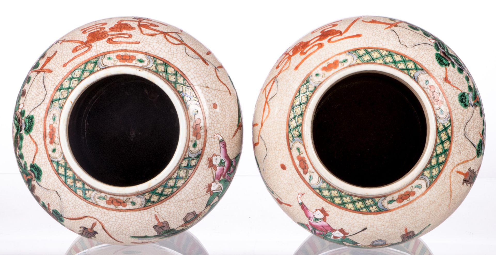 A pair of Chinese stoneware vases and covers, overall polychrome decorated with warrior scenes, - Image 10 of 19
