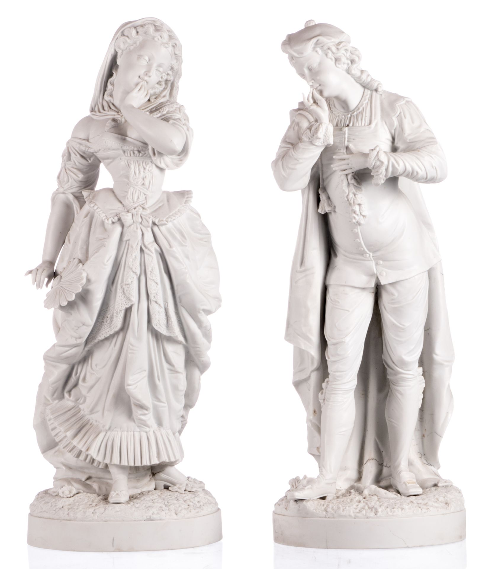 An elegant biscuit couple, presumably French, third quarter of the 19thC, H 70,5 cm - Bild 2 aus 7
