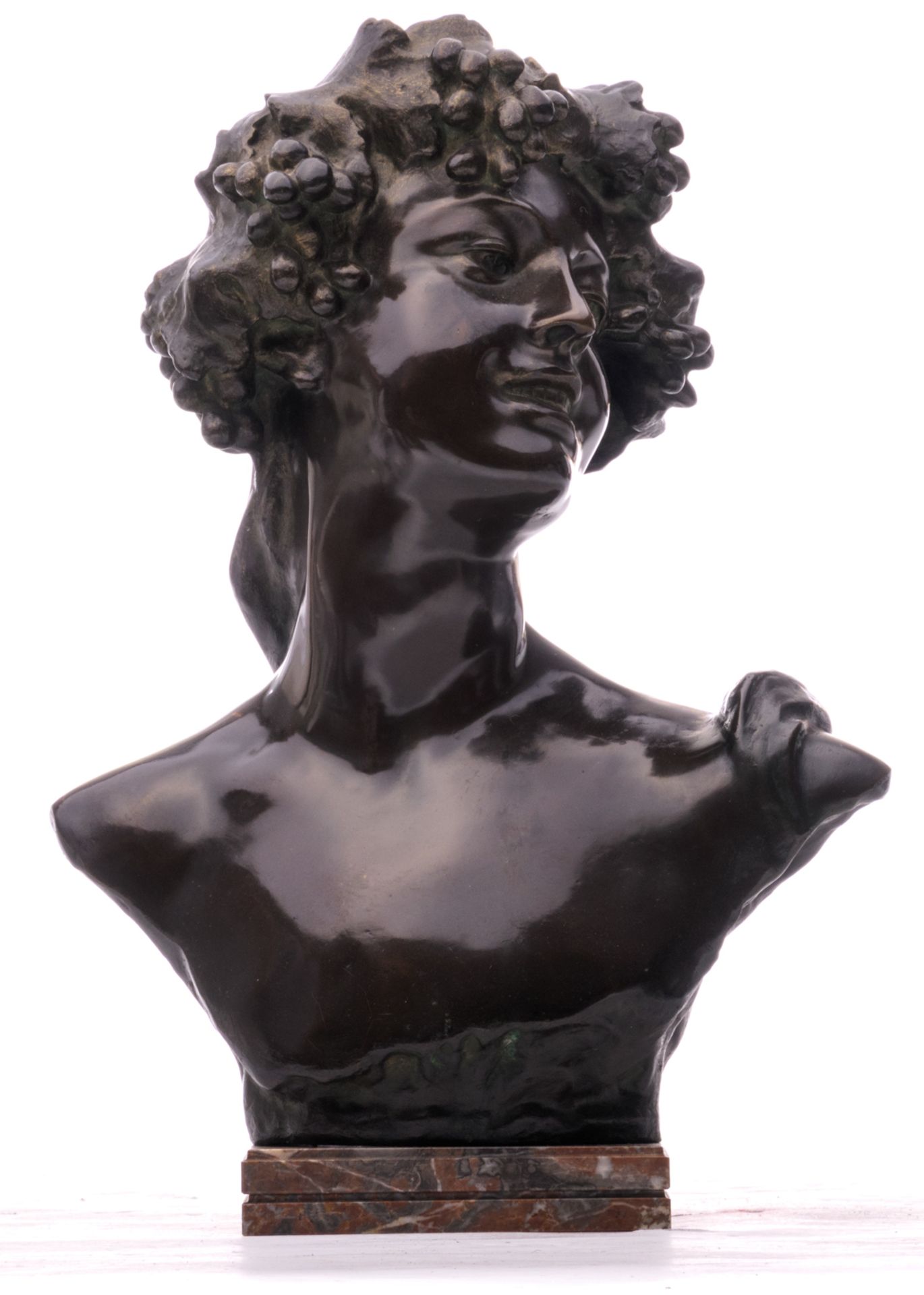 Lambeaux J., a bust of Bacchus, patinated bronze on a Rouge royal marble base, H 58 cm - Bild 2 aus 8