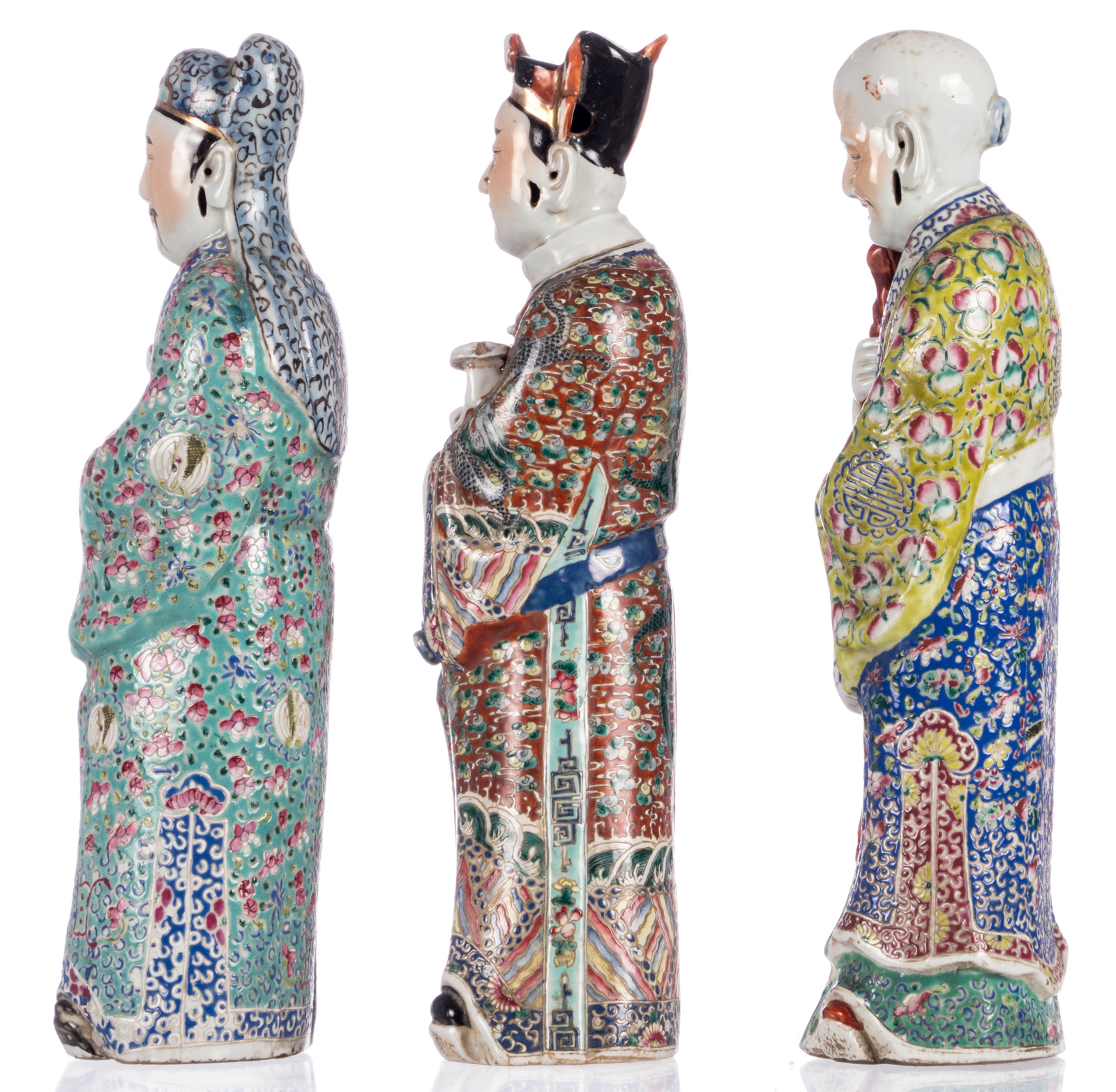 Three Chinese polychrome decorated 'Fu Lu Shou Xing' figures, one marked, about 1900, H 46 cm - Bild 4 aus 8