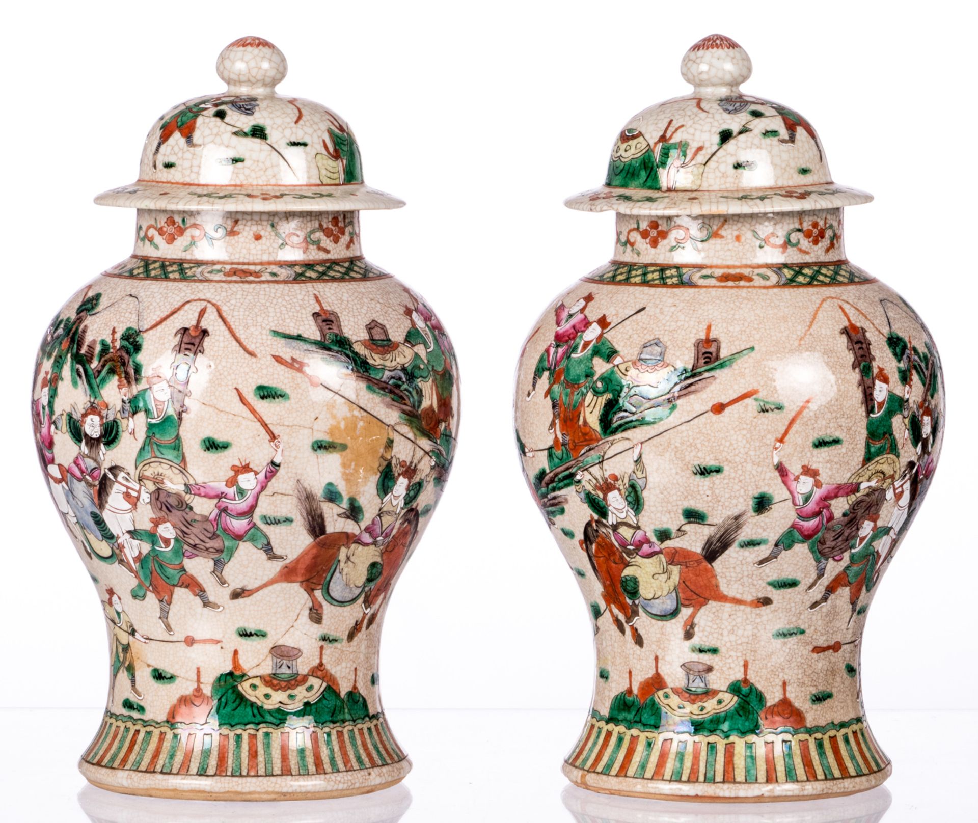 A pair of Chinese stoneware vases and covers, overall polychrome decorated with warrior scenes, - Image 5 of 19