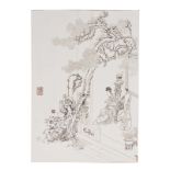 A Chinese incised and Indian ink colored plaque depicting a concubine and her servant on a