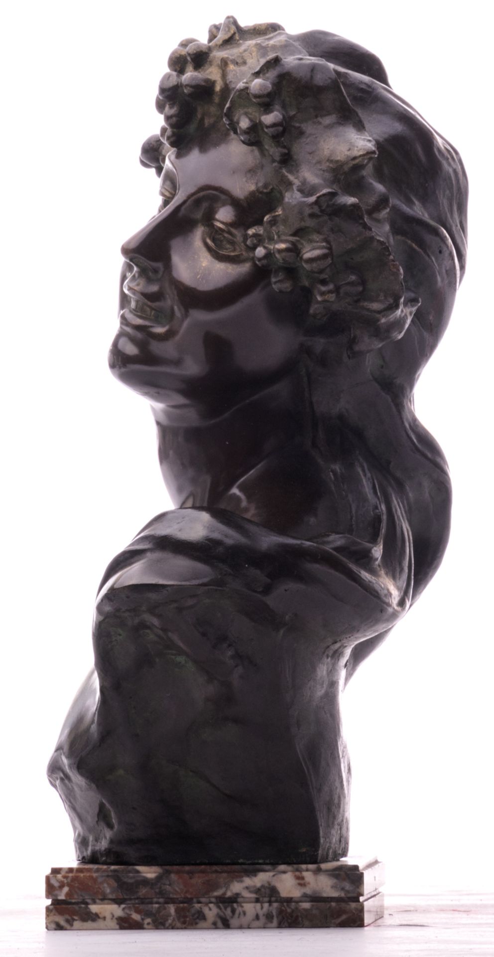 Lambeaux J., a bust of Bacchus, patinated bronze on a Rouge royal marble base, H 58 cm - Bild 3 aus 8