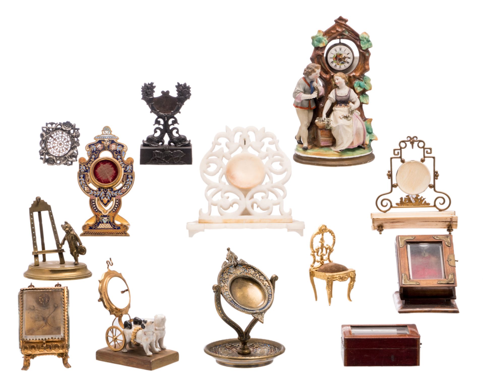 An important collection of pocket watch holders, one 8ct gold, 19th and early 20thC, H 10,5 - 22 cm