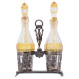 An Austro-Hungarian19thC silver cruet set, the bottles crystal of Bohemia, H 29,5 - W 18,5 cm