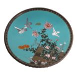 A large Japanese cloisonné enamel plate, decorated with pigeons and flower branches, with an